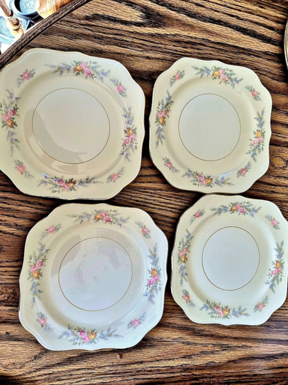 Vintage Homer Laughlin Eggshell Nautilus Square Plates Floral With Gold Trim. 4